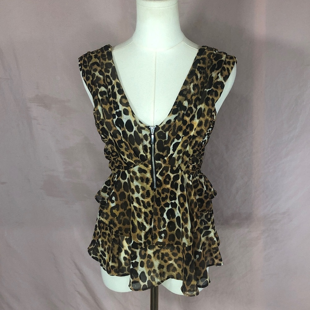Express Leopard Print V-Neck Peplum Cami with Front Zip - Size Small Medium